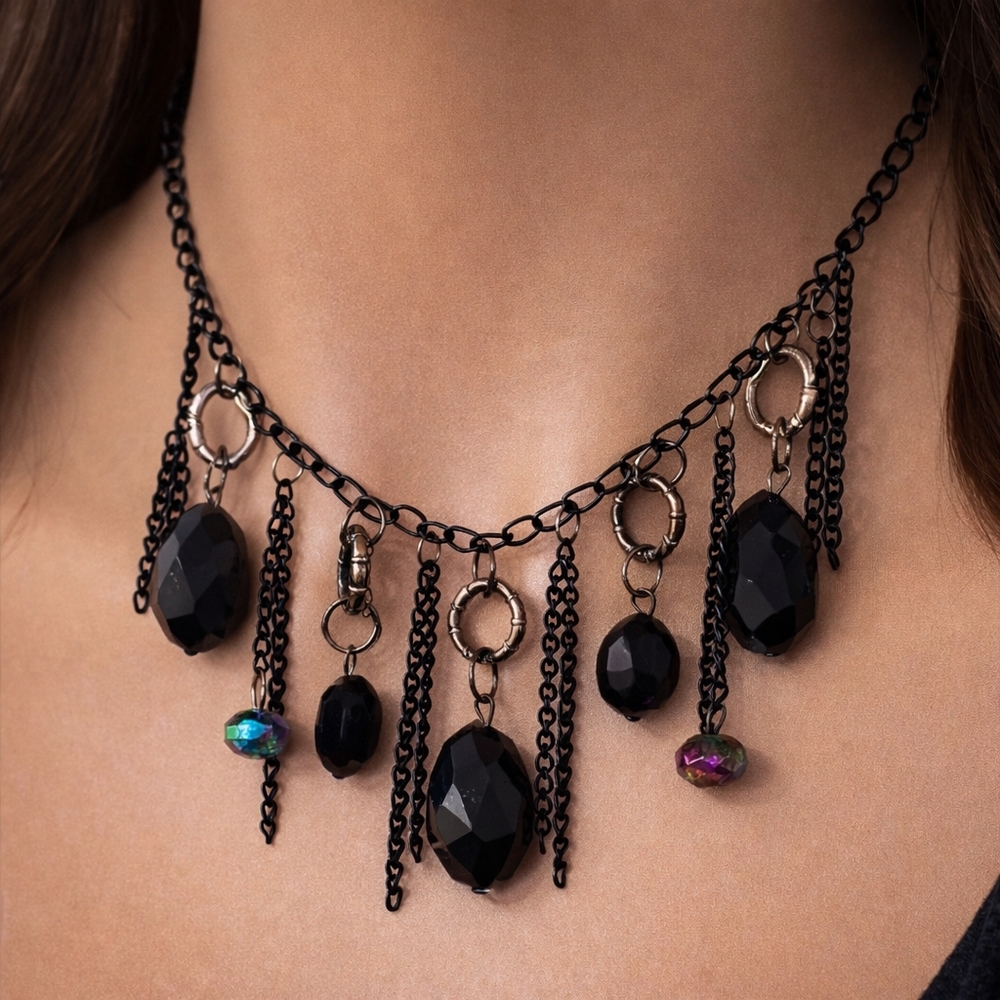Women's Gunmetal Silver Tone Fringed Beaded Necklace w/ Matching Earrings, 22-in